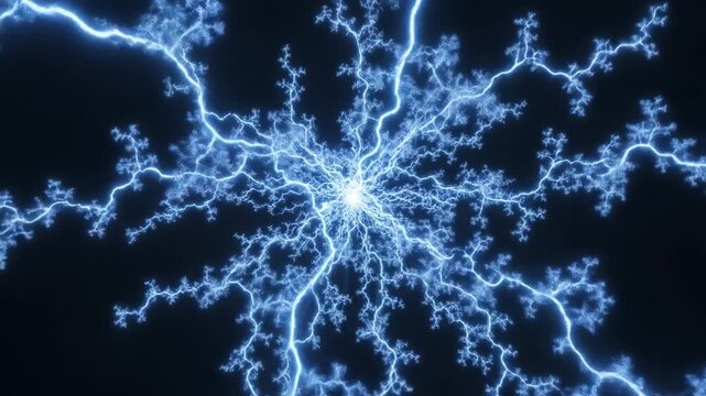 Electric discharge fractal pattern glowing blue lightning energy power surge with dynamic electric current flow and vibrant glowing energy branches creating powerful visual effect
