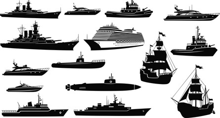 Extensive Vector Collection of Ship Silhouettes, Featuring Diverse Vessels like Battleships, Yachts, Tugboats, Submarines, and Sailing Ships, Ideal for Nautical and Naval Graphics © MdMohibul