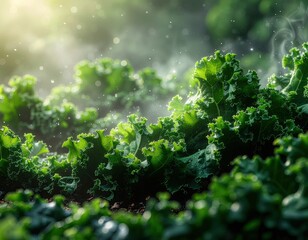 Vibrant Green Kale Growing in a Sunlit Garden With Morning Dew and Gentle Mist Enhancing Its Texture
