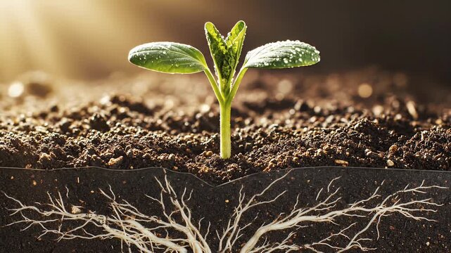 Cinematic Sprout Growing From Soil With Sunlight Rays And Root System