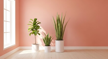 Interior scene with fiddle leaf fig, snake plant and light on pastel wall