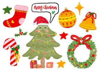 Cute set collections of watercolor crayon christmas xmas tree decoration santa claus elements icon hand drawn doodle kids illustration nursery clipart png