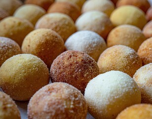 Close Up Of Golden Brown And White Doughnut Balls Coated With Sugar And Cinnamon Scattered In A Bakery Display