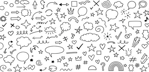 A comprehensive collection of hand-drawn sketch and scribble elements, including various chaotic shapes, messy lines, and abstract textures