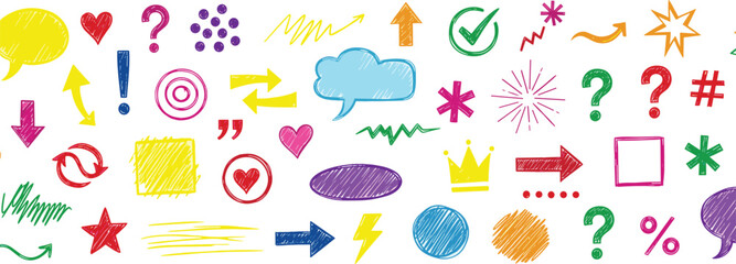 Colorful collection of hand-drawn icons and symbols, perfect for graphic design and creative projects