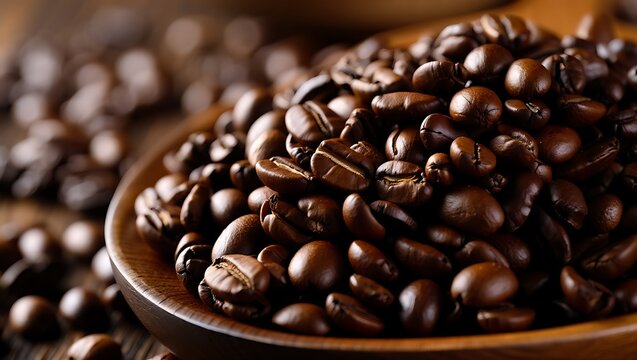 Roasted Coffee Beans in Wooden Bowl close up for coffee lovers
