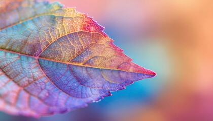 Close up Macro of a Vibrant Leaf Veins Covered in Dew Drops Sparkling in Soft Morning Light with a Blurred Bokeh Background of Warm Tones