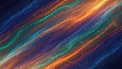 Abstract swirling nebulae of vibrant orange teal and purple cosmic dust and glitter on a dark background with golden sparkles