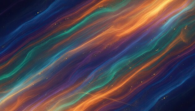 Abstract swirling nebulae of vibrant orange teal and purple cosmic dust and glitter on a dark background with golden sparkles