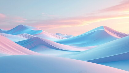 Serene Abstract Landscape of Rolling Dunes in Pastel Sunrise Hues of Pink and Blue With Soft Light