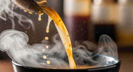 Aromatic broth cascades, creating swirling vapor and capturing culinary artistry in slow motion nourishment