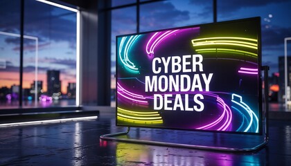 Dynamic digital display showcasing Cyber Monday deals with neon colors in a modern urban setting, copy space