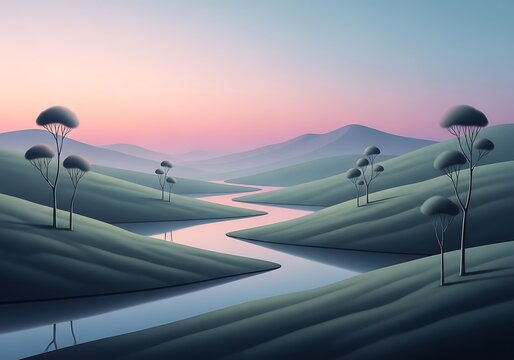 Serene landscape of rolling green hills, winding river, and pastel sky painting a calm and peaceful scene