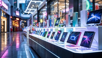 Vibrant retail display of colorful consumer electronics featuring computers and gadgets, illuminated by LED lights in a modern shopping district, copy space