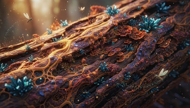 Macro view of an ancient weathered tree bark adorned with sparkling blue crystals and tiny flying insects in a magical forest setting with soft golden light - Powered by Adobe