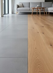 Modern Interior Design Showing Contrast Between Natural Wood Flooring and Sleek Gray Tile Flooring in a Brightly Lit Living Room with Sofa and Coffee Table