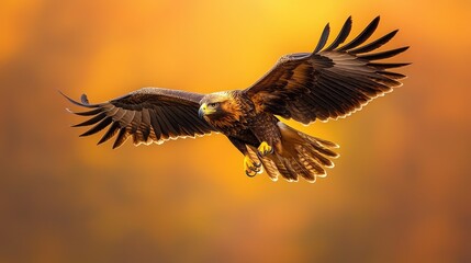 Obraz premium Golden eagle soaring powerfully with outstretched wings in the sunset sky