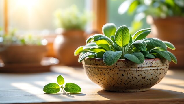 Sage plant growing indoors in a rustic ceramic bowl with sunlight