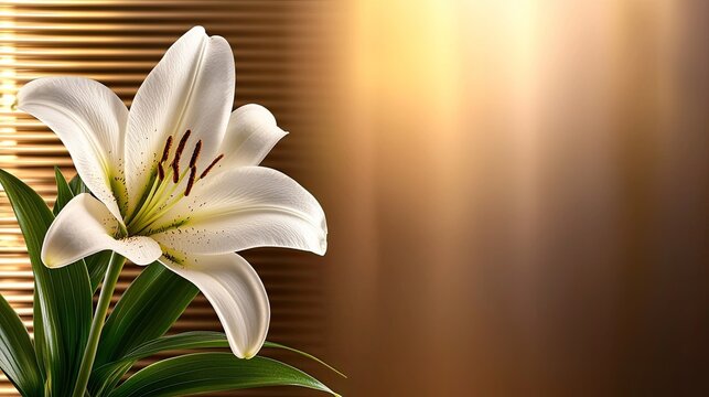 Elegant white lily blossom with golden background for sympathy cards or occasions