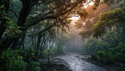 Misty Forest Path Illuminated by Golden Sunlight Filtering Through Dense Foliage After Rainfall