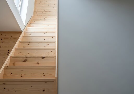 Contemporary wooden staircase design against a plain grey wall indoors - Powered by Adobe