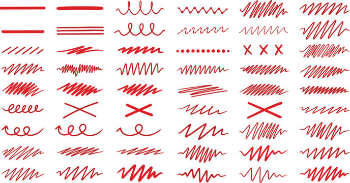 Collection of red scribbled lines, zigzags, crosses, and abstract brush strokes for graphic design elements