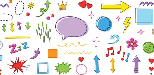 A Colorful Collection of Doodle Elements Arrows, Speech Bubbles, Shapes, and Music Notes for Creative Designs