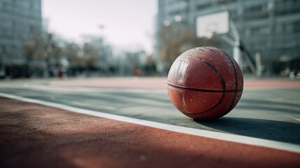 Well-worn basketball resting on an outdoor court, ready for the next game