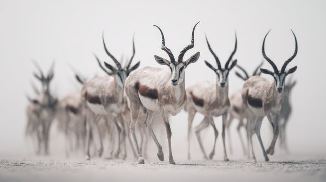 Elegant Group of Springboks Running Across Dusty Plains in Soft Light