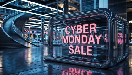 Futuristic retail display for Cyber Monday sale with neon signage in a modern setting, with chrome and glass design,  vibrant urban atmosphere, copy space