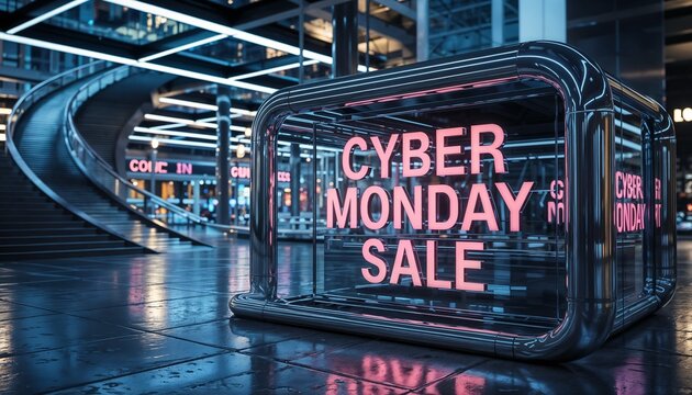 Futuristic retail display for Cyber Monday sale with neon signage in a modern setting, with chrome and glass design,  vibrant urban atmosphere, copy space