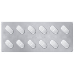 Ten White Oval Shaped Pharmaceutical Pills Sealed In A Silver Foil Blister Pack With A Transparent Background