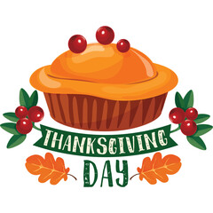 Thanksgiving Day Festive Cupcake with Cranberries and Autumn Leaves Illustration on Transparent Background
