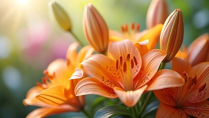 Obraz premium Vibrant Orange Tiger Lilies Blooming with Gentle Sunlight in a Garden