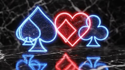 Neon glowing playing card symbols spade diamond heart club with digital pixel dispersion and vibrant colorful light reflection on dark marble surface creating dynamic abstract gambling atmosphere