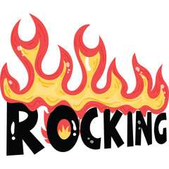 The Word Rocking In Bold Black Letters With Flames In Yellow Orange Red And White Colors Over A Transparent Background