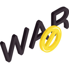 The word WAR is displayed in large black isometric letters with a yellow circle and diagonal line symbol superimposed over the letter O representing a prohibition or no war concept