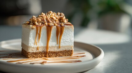 Delicious caramel cheesecake dessert topped with nuts on a delicate plate
