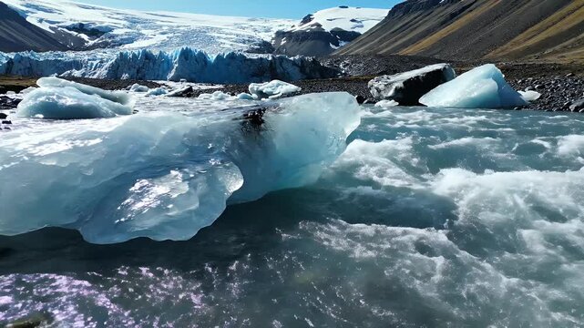 Close Up Ice Flow Glacier Water Under Bright Sun Footage