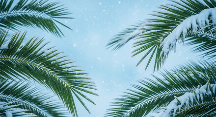 Palm fronds are covered in snow as it falls during a winter storm creating a contrasting scene.