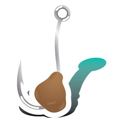 Sharp Metallic Fishing Hook with Brown Bait and Teal Shadow Isolated on White Background Representing Fishing and Catching Concept