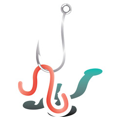 Realistic fishing hook with bright orange worm bait and abstract green and blue shapes on a clean white background detailed illustration