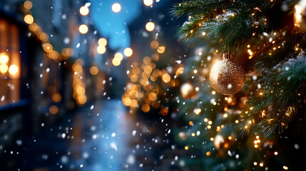 Magical golden Christmas ornament gleams on snow dusted pine branch with bokeh lights creating a festive winter wonderland vibe