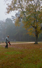 A person is seen blowing leaves in a yard on a foggy day. The autumn leaves are scattered on the ground, adding to the serene atmosphere.