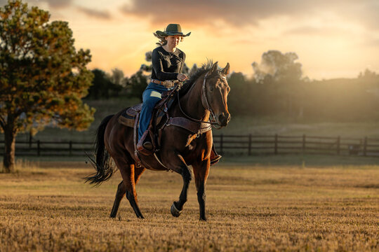 Colorado cowgirl riding bay quarter horse ranch front range sunrise - Powered by Adobe