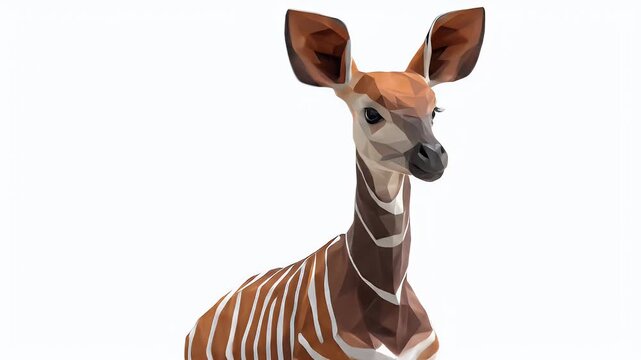 Okapi standing on white background, unique animal with stripes.