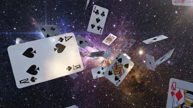 Playing card space galaxy stars floating ace spades queen diamonds hearts clubs cosmic universe night black white red pattern design game luck chance entertainment background abstract fantasy magic