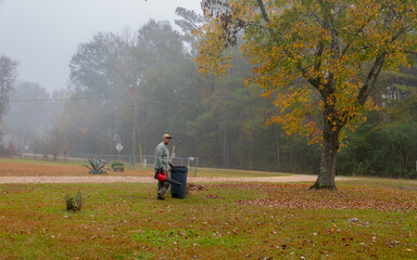 A person is seen racking and blowing leaves in a yard on a foggy day. The autumn leaves are scattered on the ground, adding to the serene atmosphere.