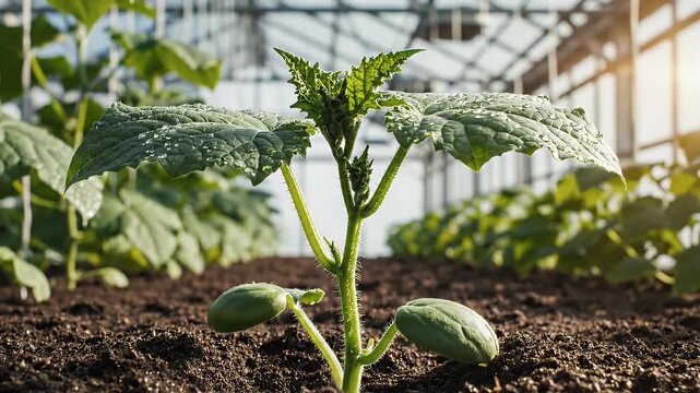 Close Up Of Young Cucumber Plant Growing In Greenhouse Garden