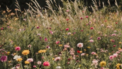 A vibrant meadow bathed in sunlight, showcasing a rich tapestry of colorful wildflowers and grasses